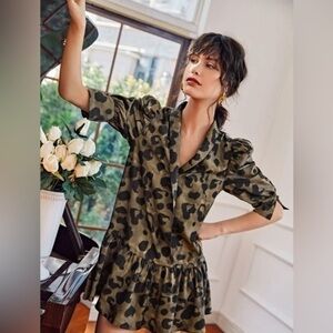 Puff Sleeve Leopard Smock Dress L ❤️💋